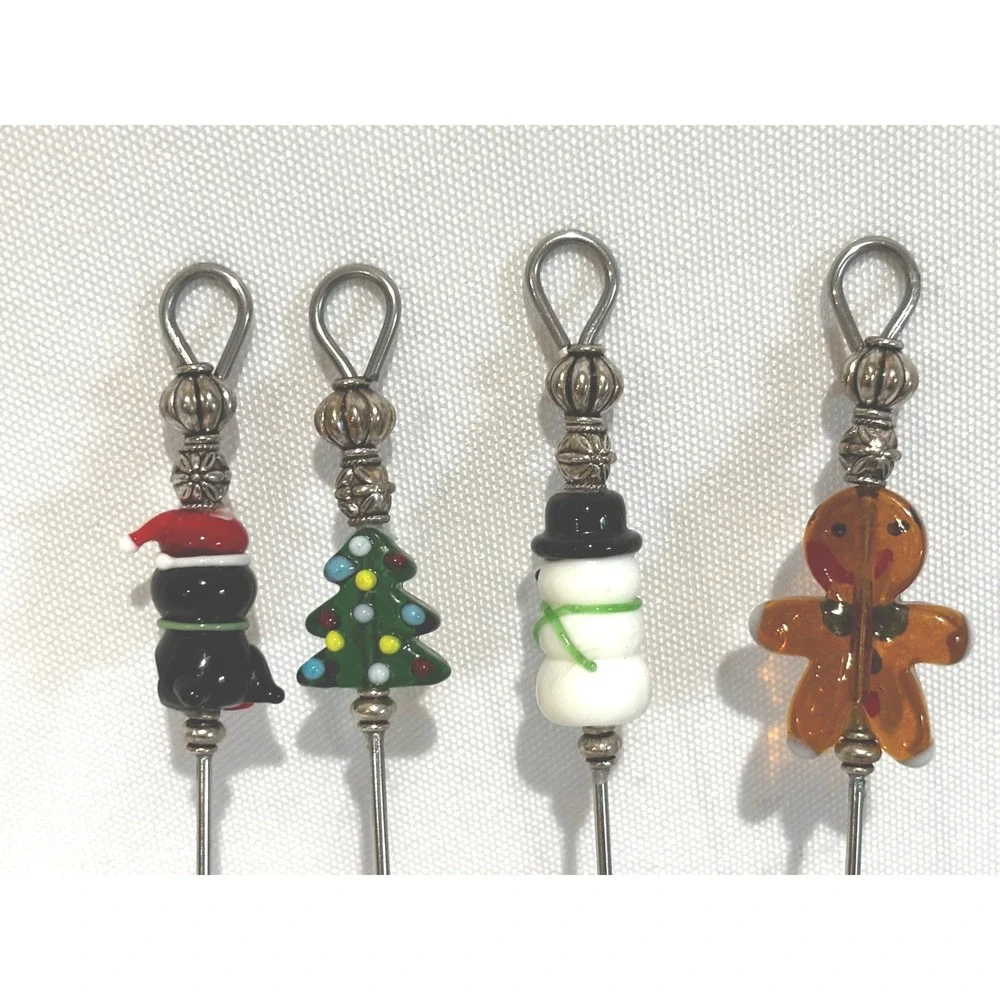 Christmas Beaded‎ Lampwork Glass Cocktail charcuterie Picks snowman tree festive